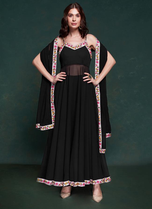 Georgette Black Party Wear Solid Readymade Gown With Dupatta